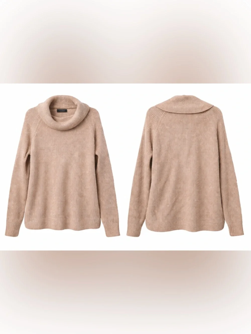 TAHARI Merino Wool Blend Cowl Neck Sweater Sz L Beige Tan Ribbed Cozy Luxe Knit - Picture 2 of 15